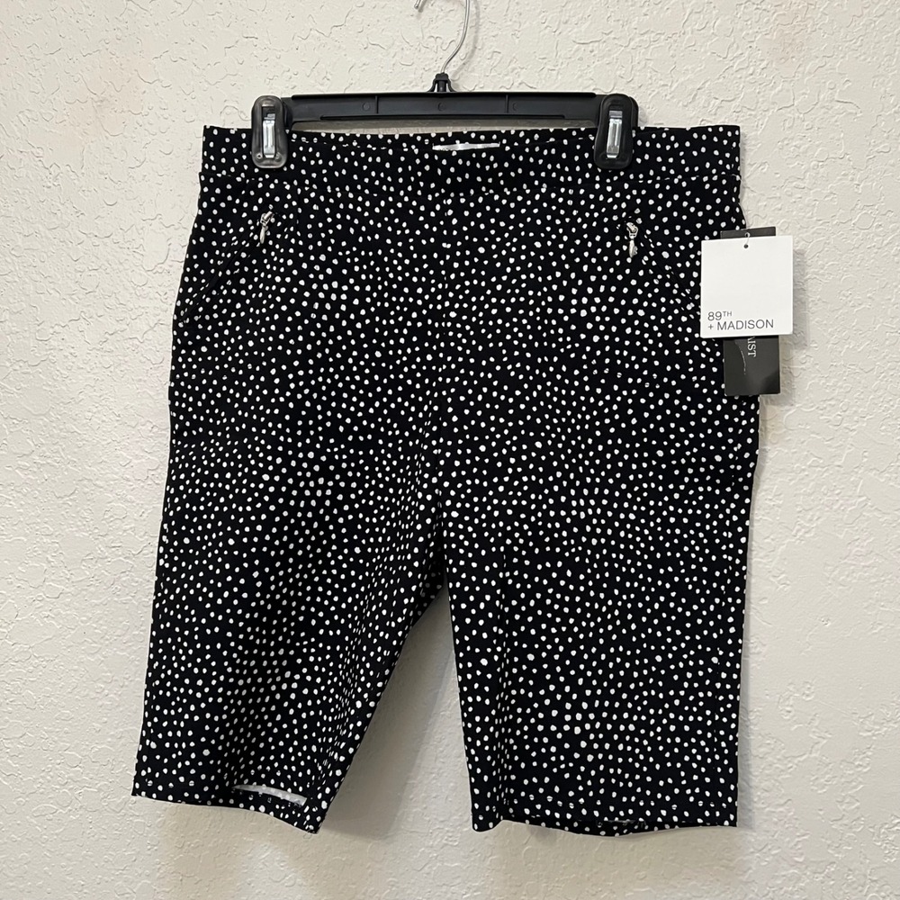 89th & Madison Womens Polka Dot Bermuda Shorts Black White Stretch Size Large